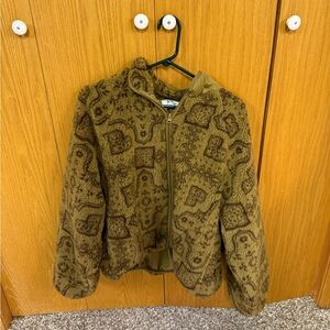 Teddy Sherpa Zip-Front Jacket in Olive Brown